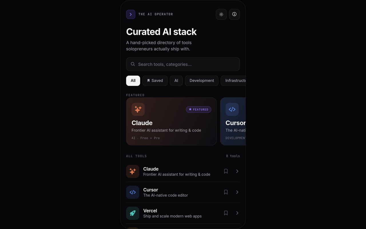 AI Operator mobile app — dark curated directory of AI tools with search, category chips, a featured carousel and a tool list, shown in a phone frame.