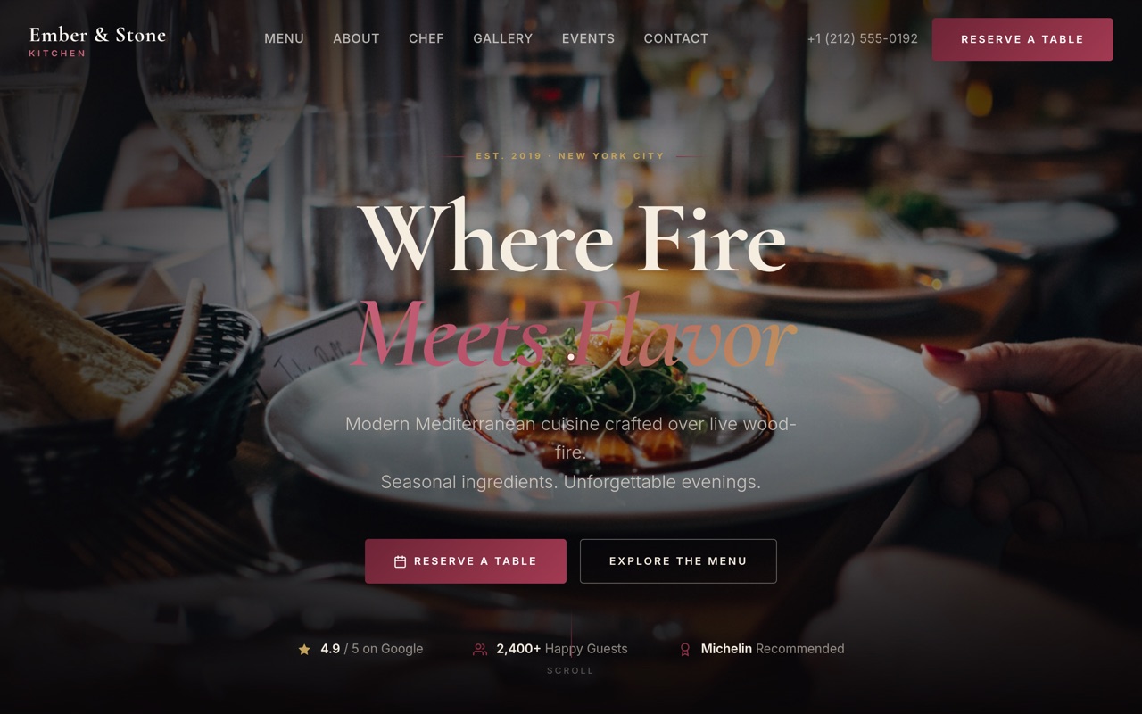 Ember & Stone Kitchen website — moody restaurant hero reading Where Fire Meets Flavor with a Reserve a Table button.