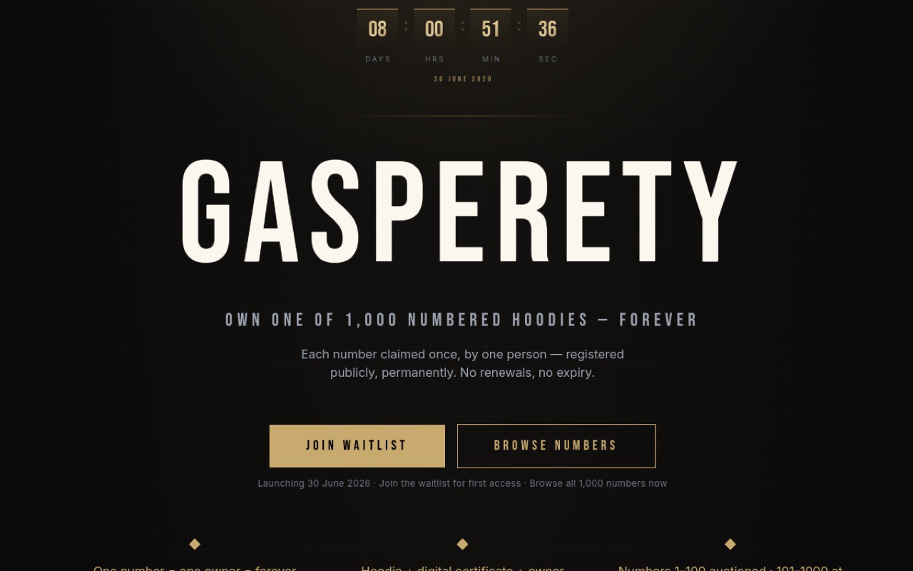 Gasperety website — dark fashion brand page with a large GASPERETY wordmark and a countdown for 1,000 numbered hoodies.