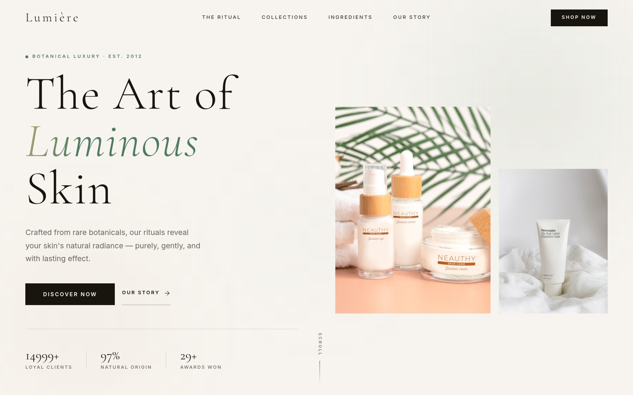 LUMIÈRE Skincare website — botanical luxury landing page reading The Art of Luminous Skin with product photography.